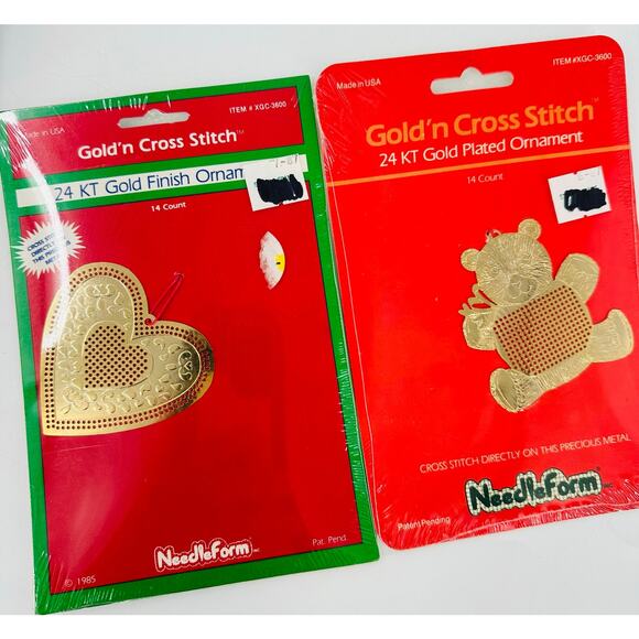 2 GOLD’n CROSS STITCH 24kt Christmas Ornaments by Needleform Vintage Bear Heart - Picture 1 of 5